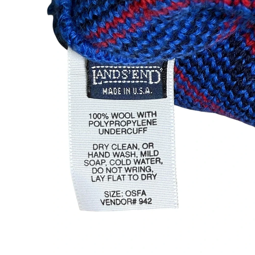 Vintage Lands End Wool‎ Beanie Headband Set Blue Red Geometric Pom Pom One Size
